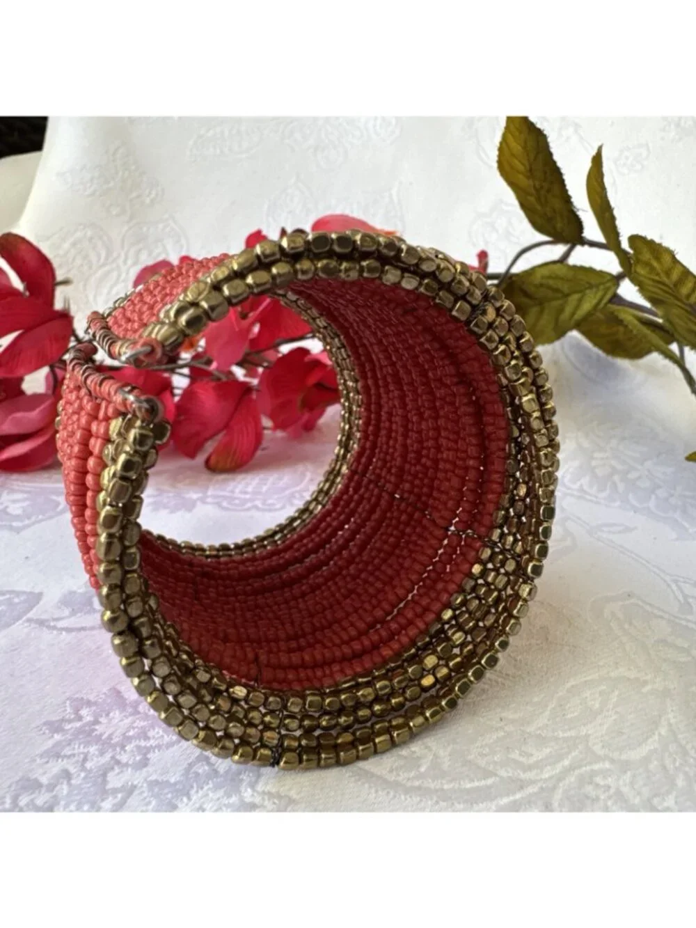 Chico's Bracelet Orange Seed Bead Goldtone Wide Cuff Bangle 3